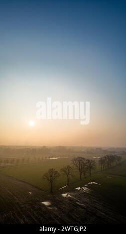 In dieser vertikalen Perspektive steigt die friedliche Morgensonne über einer nebelumhüllten landwirtschaftlichen Landschaft auf und beleuchtet zarte Baumsilhouetten. Sanfter Sonnenaufgang über einer nebeligen Landschaftlandschaft. Hochwertige Fotos Stockfoto