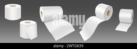 Weiße leere Toilettenpapierrollen stehen und liegen. Realistische Vektor-Illustration Set von Schablone für wc oder Küchentuch Band auf Rohr für Hygiene und Pflege. Leeres Soft-Scroll-Klo-Modell für Badezimmerprodukte. Stock Vektor