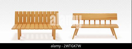 Parkhaus aus Holz oder Hinterhof, Vorderansicht. Realistische Vektor-Illustration Set des langen Stuhls mit hellbrauner Holzstruktur für den öffentlichen Stadtgarten. Straßenmöbel aus Terrassenplanke. Außensitz. Stock Vektor