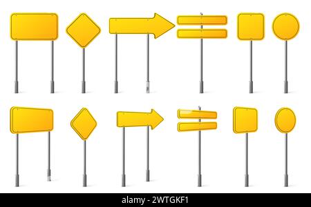 Gelbes Straßenschild an Metallstange. Realistischer 3D-Vektor-Illustrationssatz mit leeren Verkehrsschildern für Warn- oder Richtungstext. Leere Werbetafel mit Hinweis und Warnung auf weißem Hintergrund. Stock Vektor