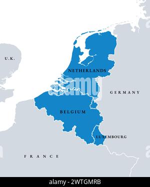 Benelux-Länder, politische Landkarte. Zusammenarbeit der europäischen staaten Belgien, Niederlande und Luxemburg. Stockfoto