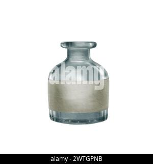 Aroma-Diffusor für zu Hause. Transparente Flasche ätherisches Bio-Parfümöl in grüner Farbe mit Stiften. Handgezeichnete Aquarellillustration isoliert Stockfoto