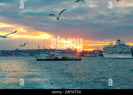 Istanbul Hintergrundfoto. Fähre und Möwen mit Kreuzfahrtschiff bei Sonnenuntergang. Istanbul Turkiye - 1.22.2024 Stockfoto