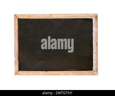 Werbetafel im Retro-Stil mit Tafel und Holzrahmen. Café-Menü oder Zeigertafel zum Schreiben von Informationen. Isoliert auf weißem Hintergrund Stockfoto