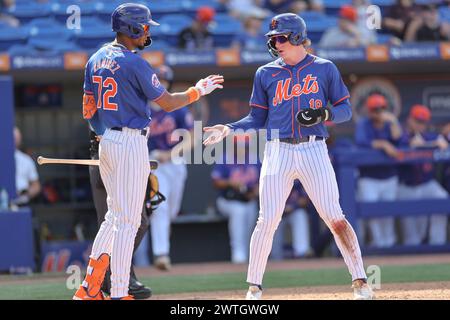 Port St Lucie, FL: New York Mets Linksfeldspieler Alex Ramirez (72) gratuliert dem ersten Baseman Ryan Clifford (19), nachdem er während eines MLB-Spring-Trai einen Treffer erzielt hat Stockfoto