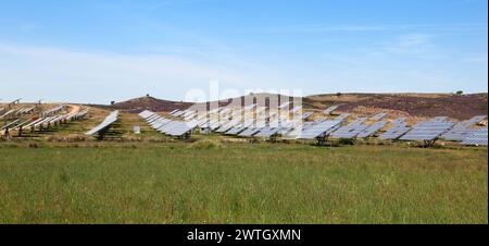 Ein großes Solarkraftwerk in einem grünen Feld mit blauem Himmel Hintergrund. Platz zum Kopieren. Stockfoto