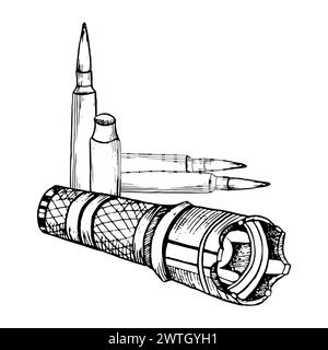 Taktische militärische Taschenlampe und Kugeln für Gewehr Stock Vektor