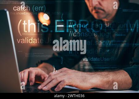 Softwareentwickler und Programmierer geben Code auf Laptop-Computer ein, selektiver Fokus Stockfoto