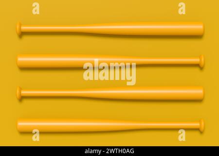 Set aus professionellem Softball oder Baseballschläger aus Holz auf monochromem Hintergrund. 3D-Wiedergabe von Sportzubehör für Teamspiele Stockfoto