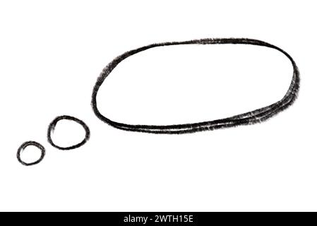 Eine monochrome Zeichnung einer Gedankenblase mit einem Kreismuster auf weißem Hintergrund. Stockfoto