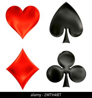Traditionelle Pokerkartenzeichen, Herzen, Schläger, Pik, Diamanten, Farbgrafik auf weißem Background Stockfoto