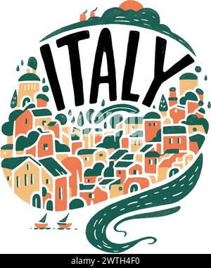 Italy Logo ist eine farbenfrohe Stadt mit vielen Gebäuden und einem Fluss. Die Stadt ist voller Leben und Energie Stock Vektor