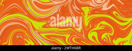 Panoramablick gemalte Hintergründe, abstrakte Musterkapete. Orangefarbene und grüne Biegungen, mehrfarbige Textur, fließende Farbe. Buntes Zeichnen, Aquarell, br Stockfoto