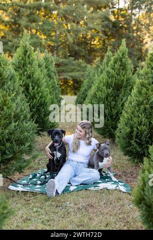 Das blonde Mädchen lächelt bei Black Pit Mix auf grüner Decke Stockfoto