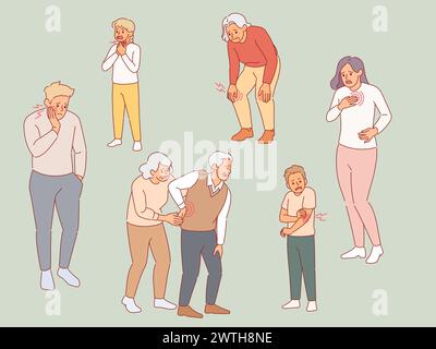Menschen, die Schmerzen leiden. Erwachsene und Kinder mit Beschwerden an verschiedenen Körperteilen, akut, stumpf, schmerzend, körperlich verletzt, Schmerzmittelwerbung Stock Vektor