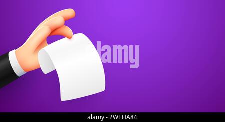 3D-Cartoon-Hand mit Blanc-Papier-Dokument oder -Schein. Vektorabbildung Stock Vektor