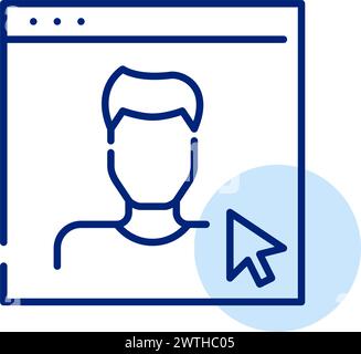 Männlicher Benutzer-Avatar auf einer Browserseite mit dem Mauszeiger darauf. Online-Profilzugriff und Interaktion in sozialen Medien Stock Vektor