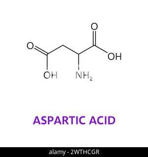 Neurotransmitter, chemische Formel und Molekülstruktur der Asparaginsäure, Vektormolekül. Asparaginsäure- oder Aspartatmolekulare Formel des Neuromodulators oder Neurotransmitters in der menschlichen Körperbiosynthese Stock Vektor