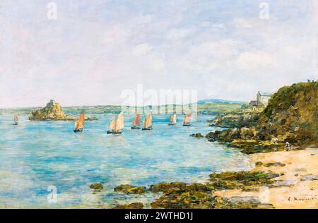 Eugène Boudin, Rivage Douarnenez Bateaux de Pêche Dans La Baie, Landschaftsgemälde in Öl auf Leinwand, 1897 Stockfoto