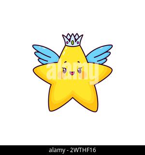 Cartoon glücklicher kawaii Star Engelsfigur mit süßem lächelndem Gesicht. Vektorfigur eines kleinen funkelnden Sterns mit gelbem Glanz, Engelsflügeln und silberner Krone. Kindliches Superstar-Emoticon oder Weltraumemoji Stock Vektor