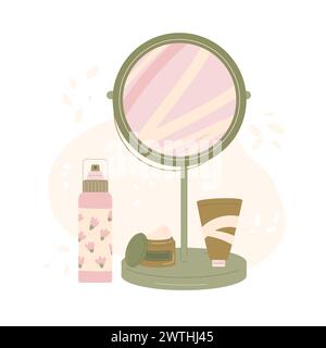 Kosmetikkonzept für die Hautpflege. Spiegel und reinigend und feuchtigkeitsspendend. Serum und Creme für Spa. Flaschen, Behälter und Röhrchen für Haut- und Kosmetikprodukte. Flach V Stock Vektor