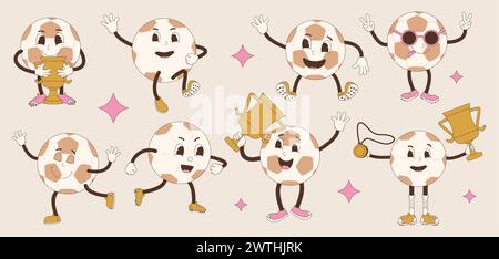 Fußball-Retro-Charaktere. Fußball-Cartoon-Maskottchen. Gummischlauch Animation Stil Cartoon Sport Ausrüstung Set. Niedliches anthropomorphes Vintage. Vektor Stock Vektor