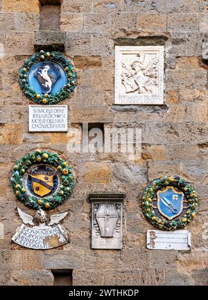 Wappen an der Fassade des mittelalterlichen Palazzo dei priori, erbaut im 13. Jahrhundert, Volterra, Toskana, Italien Stockfoto