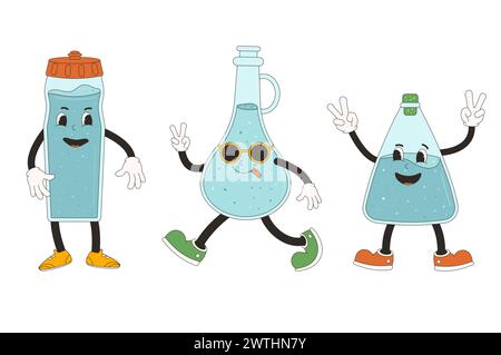 Wasserflaschen mit groovigen Zeichen. Getränk Gummischlauch Animation Stil Retro Cartoon Maskottchen. Trinken Sie süß anthropomorph. Trinken Sie mehr Wasser. Welln Stock Vektor