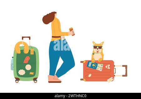 Travel with pets. Woman with her dog and supplies and accessories for domestic animals isolated on white background. Vector pets luggage passport with Stock Vektor