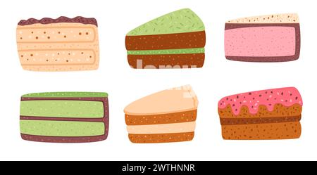 Tortenscheibe gesetzt. Sammlung süßer Backwaren. Gebäck Dessert mit Sahne. Flache Illustration des Vektorkreises isoliert auf weißem Hintergrund. Stock Vektor