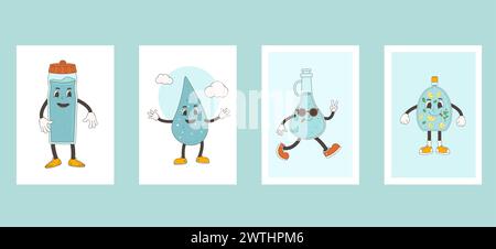 Wasserbanner-Set. Poster mit Retro-Figuren. World Water Day Ecology Holiday Banner mit Gummischlauch Maskottchen. Illustration der Vektorabwicklung. Stock Vektor