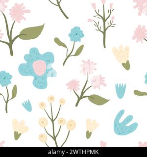 Abstrakt verschiedene Blumen nahtlos Muster. Von Hand gezeichneter, endloser Hintergrund mit Blumenmuster. Botanischer Kritzeldeckel. Flache Illustration des Wildblumen-Vektors. Stock Vektor