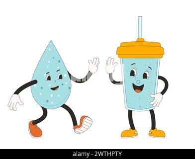 Wassertropfen und Retro-Cartoon-Maskottchen aus Glas. Drink Rubber Schlauch Animation Stil groovige Charaktere. Trinken Sie mehr Wasser. Ökologischer und Wellness-Vektor flach i Stock Vektor