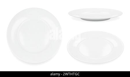 Satz mit 3 weißen runden leeren Platten, Seitenansicht und Draufsicht Stock Vektor