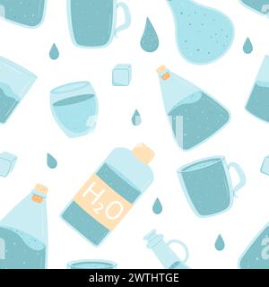 Nahtloses Wassermuster. Gläser, Kannenflaschen und Tassen mit unendlichem Hintergrund für sauberes Getränk. Aqua Drink wiederholte Abdeckung. Illustration der Vektorabwicklung. Stock Vektor