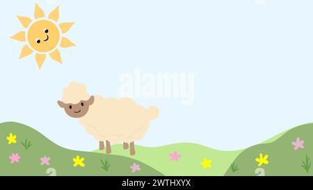 Illustration eines Schafes im grünen Feld mit Blumen und Sonne, grafischer Vektor Stock Vektor