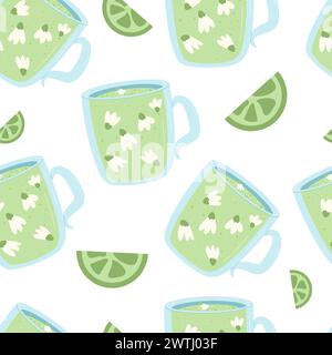 Grünes Tee-Muster. Heißes Aroma Getränk endloser Hintergrund. Tasse Getränk mit Limette und Blume Wiederholungsdeckel. Illustration der Vektorabwicklung. Stock Vektor