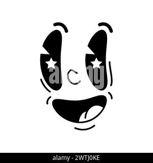 Cartoon faszinierte lustige Comic-Groovige Gesichts-Emotionen und Retro-süße Emoji-Charaktere. Isolierter Vektor fesselnder Gesichtsausdruck mit breiten Augen reflektierenden Sternen und offenem, lächelndem Mund, der Freude ausstrahlt Stock Vektor