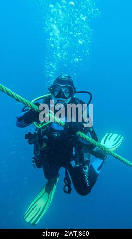 Taucher auf Sicherheitsstop an Ankerleine, Tauchplatz Wrack der Thistlegorm, Rotes Meer, Ägypten *** Taucher auf Sicherheitsstop an Ankerleine, Tauchplatz Wrack der Thistlegorm, Rotes Meer, Ägypten Stockfoto