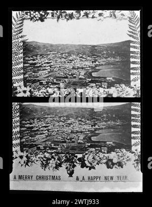 Weihnachtskarte mit Stadtbild; mit „Mr. H. Plimmer“ beschriftete Nitratnegative, Gelatineklappe, Schwarzweiß-negative, Kopien, Stadtansichten Stockfoto