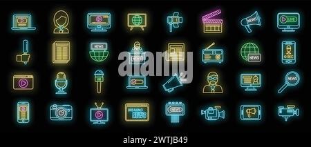 Reportage-Symbole legen den Konturvektor fest. Interview-News. Kamera tv Neonfarbe isoliert Stock Vektor