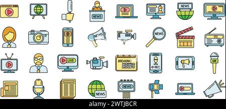Reportage-Symbole legen den Konturvektor fest. Interview-News. Kamera tv dünne Linie, flach isoliert Stock Vektor