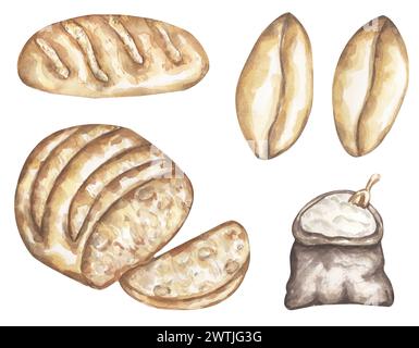 Aquarellmehl mit Sack, Weizenkorn und Brot Illustrationsset. Handgezeichnete Aquarelle für Lebensmittel-Clipart-Kollektion. Stockfoto