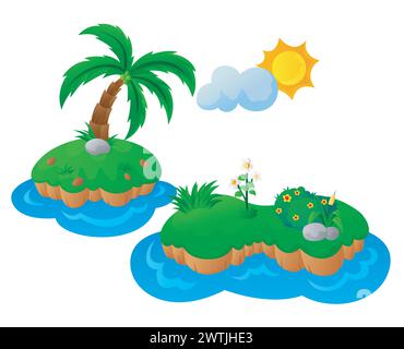 Kokosnussbaum und einige Blumen auf zwei kleinen Inseln, Vektor-Illustration Stock Vektor
