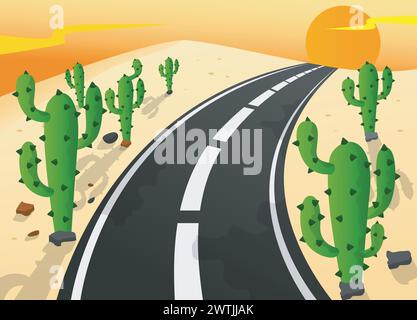 Asphaltstraße in der Sandwüste mit Kaktuslandschaft, Vektor-Illustration Stock Vektor