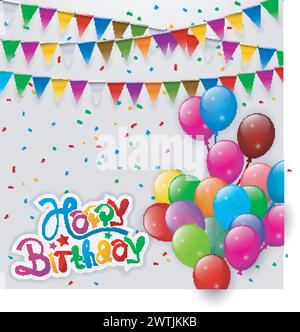 Happy Birthday Flags Party mit Ballons, Vektor-Illustration Stock Vektor