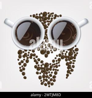 Zwei Tassen Kaffee mit Kaffeebohnen, die ein Eulensymbol bilden, Vektor-Illustration Stock Vektor