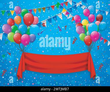 Fliegende Ballons mit Papier und Platz für Text Blauer Hintergrund, Vektorillustration Stock Vektor