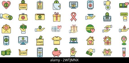 Symbole für wohltätige Spenden legen den Konturvektor fest. Spenden Sie Essen. Gemeinnützige Sponsoren, dünne Linien, flach isoliert Stock Vektor