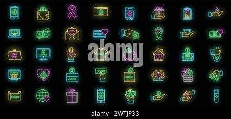 Symbole für wohltätige Spenden legen den Konturvektor fest. Spenden Sie Essen. Nonprofit-Sponsor Neonfarbe isoliert Stock Vektor